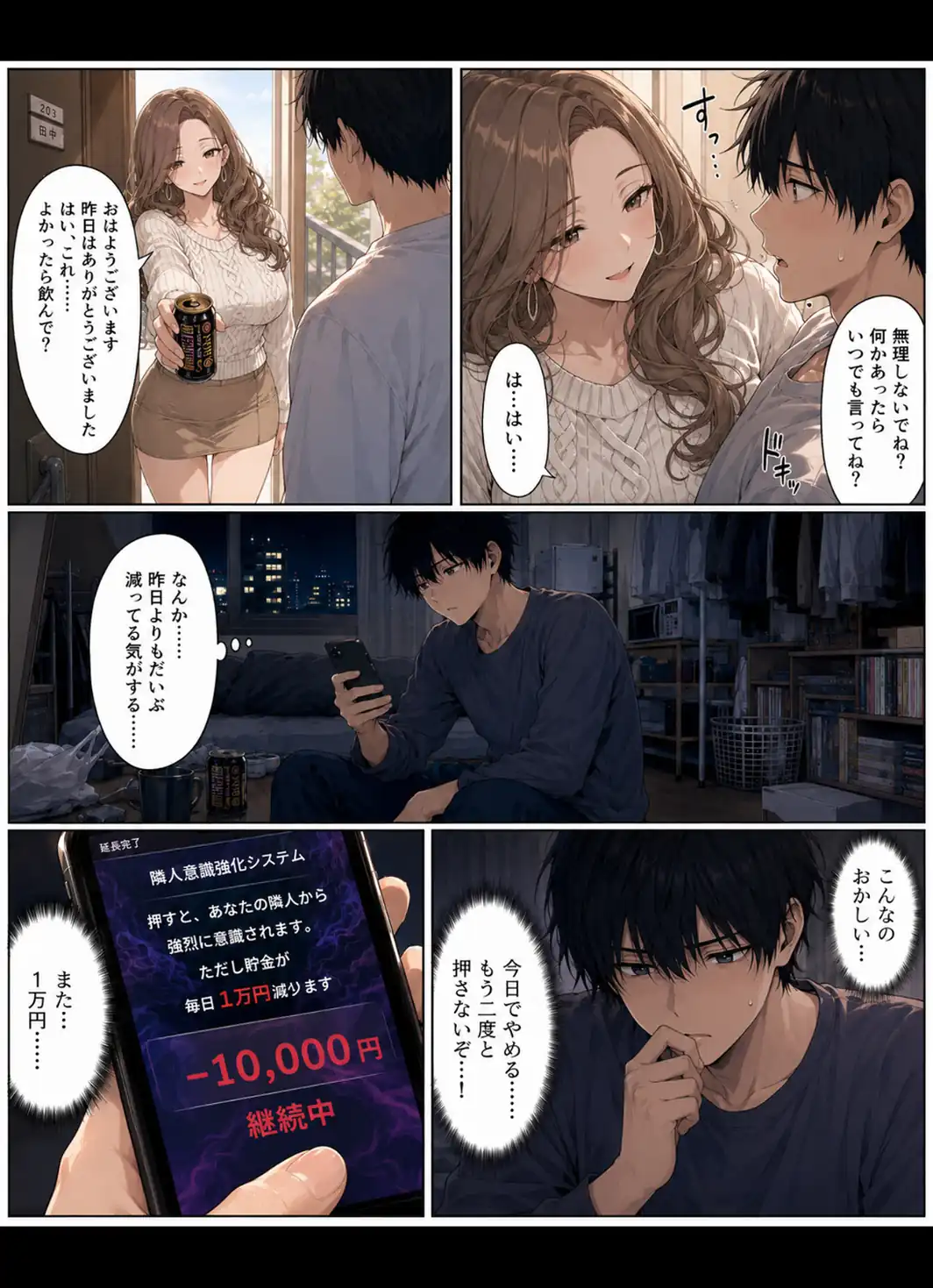 押すたび、1万円消えるボタン…その度に隣の人妻が誘惑してくる。【モザイク版】-サンプル画像4