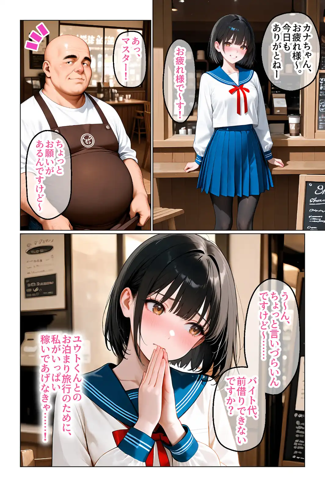 喫茶の裏メニュー 彼氏との旅行代は変態店長の極太肉棒で稼ぎました【モザイク版】-サンプル画像4