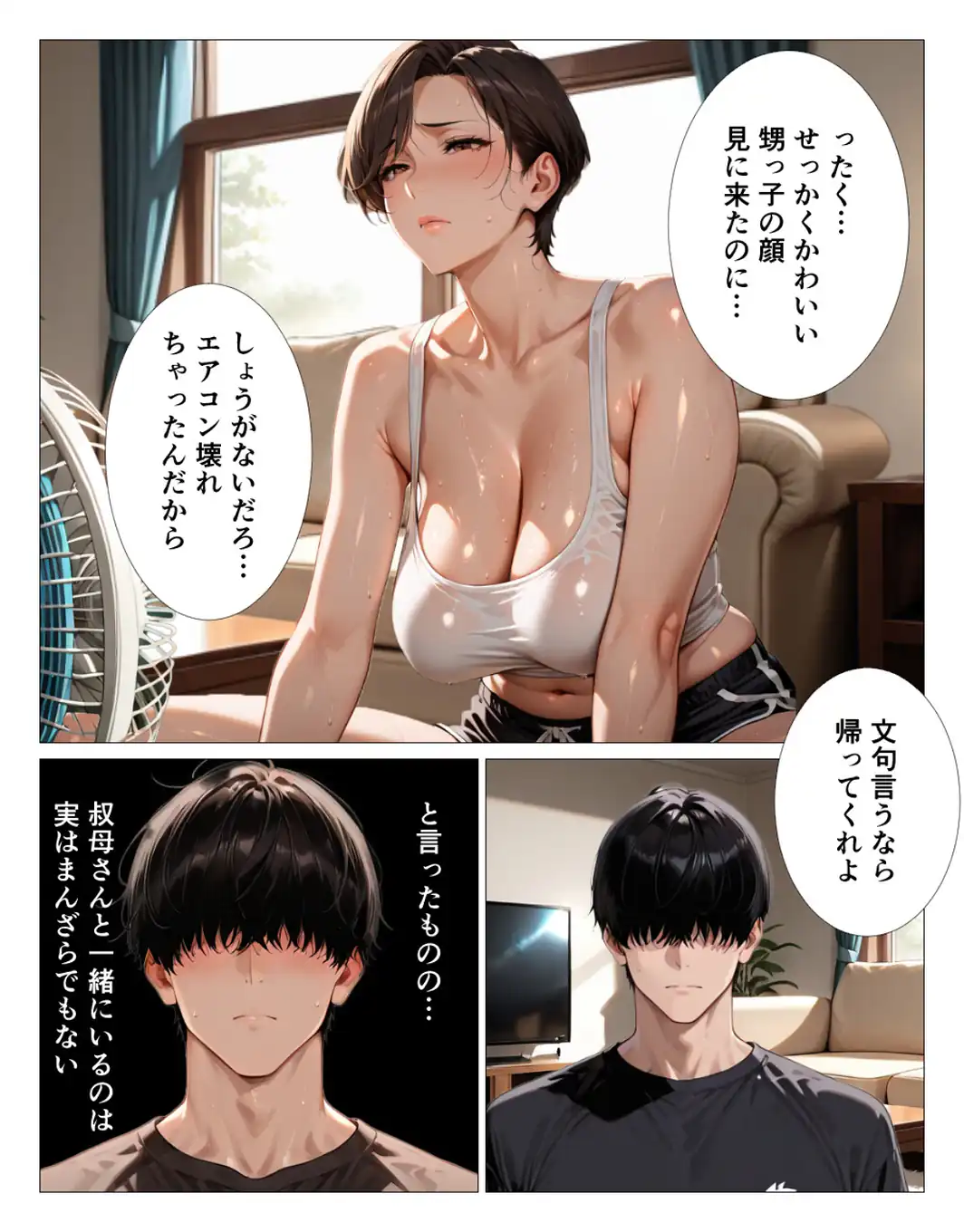 汗でピタピタになったタンクトップ越しに叔母さんの爆乳揉んだら中出しHさせてくれた【白抜き修正版】-サンプル画像2